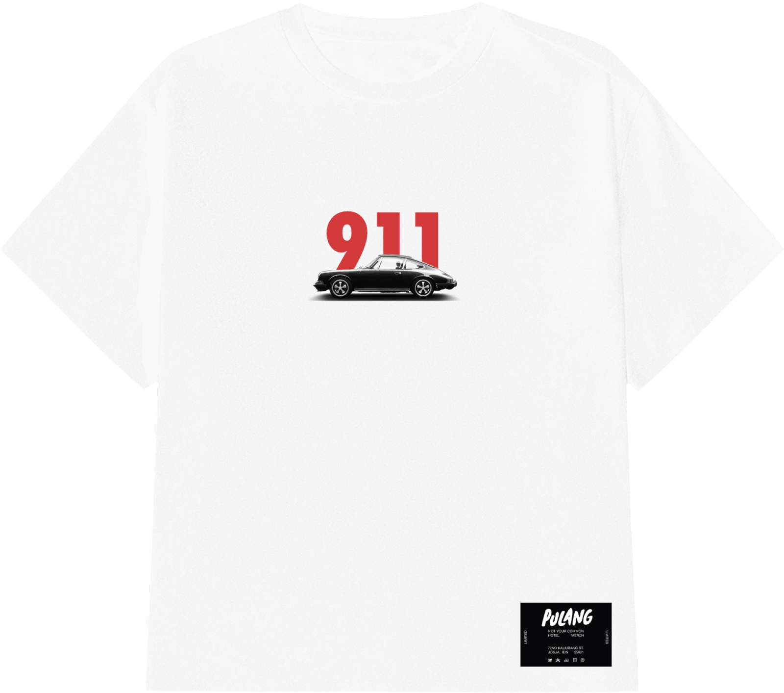 911 Traffic tee, front: white shirt with a black vintage 911 coupe over red 911 numerals