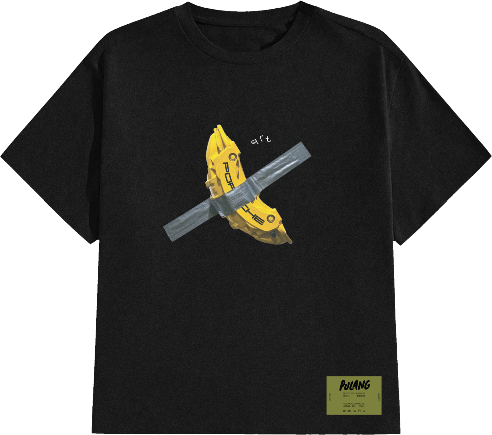 Art Break tee, front: black shirt with a yellow toy car duct-taped to it like the banana artwork