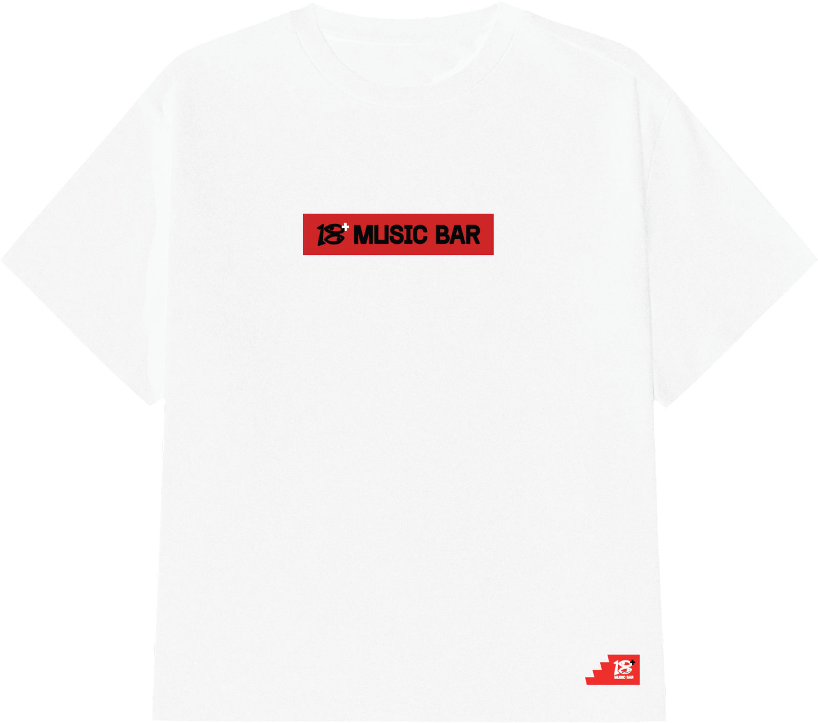 Booze 18+ tee, front: white shirt with a red '18+ Music Bar' box logo
