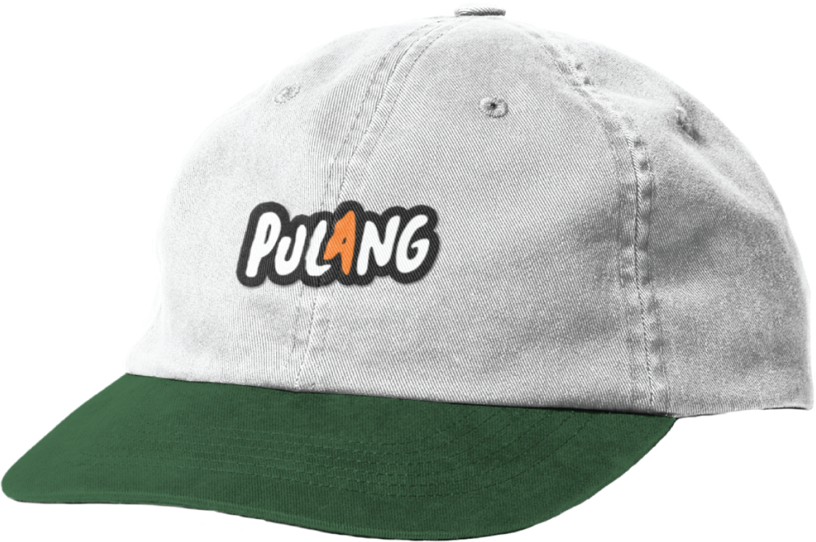 Self Titled cap: off-white crown with green brim and embroidered PULANG logo patch