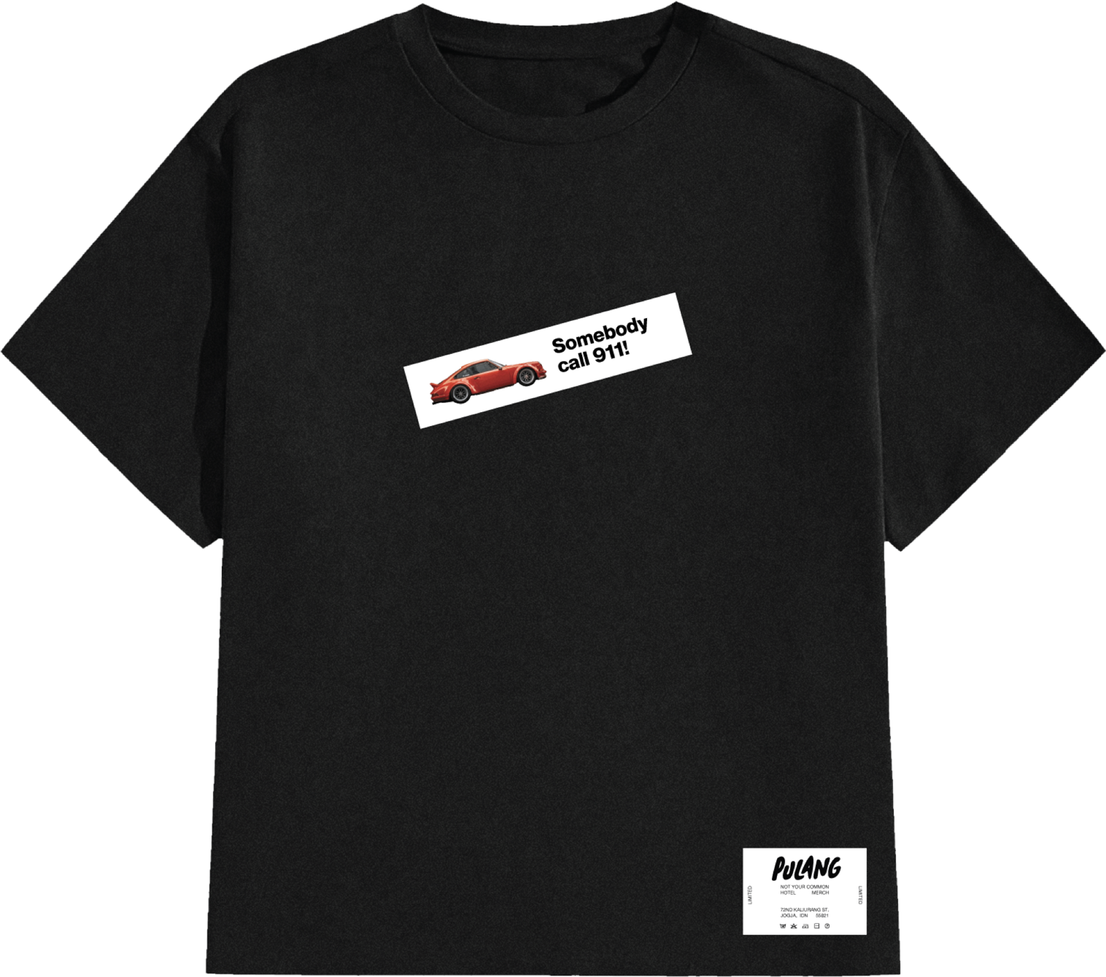 Emergency tee, front: black shirt with a white box print of a red coupe and 'Somebody call 911!'